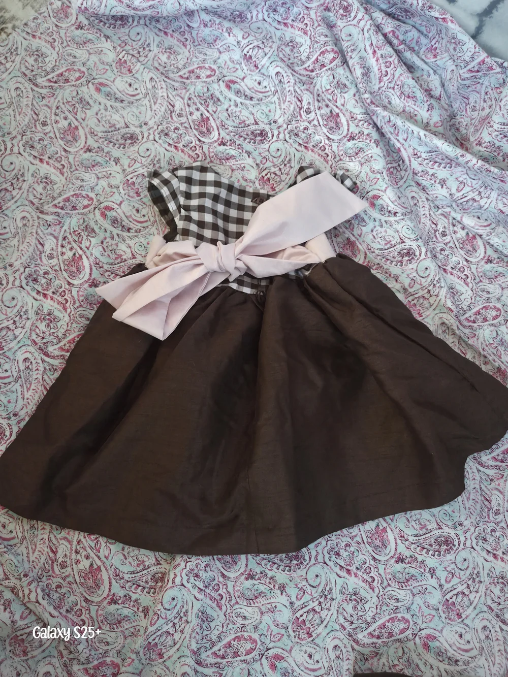 Girls Brown Gingham Bodice Dress with Pink Waistband